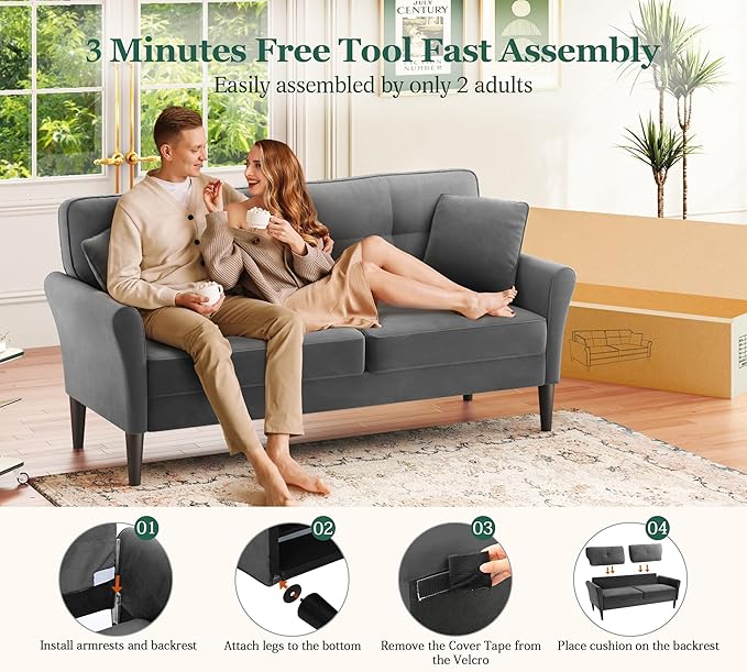 Loveseat Sofa, 69" Love Seat Couches, Comfy Velvet Small Couches for Small Spaces with 2 Pillows, Tool-Free Setup Sofas & Couches, 700lb Load Sofas for Living Room, Mini Couch for Bedroom, Charcoal
