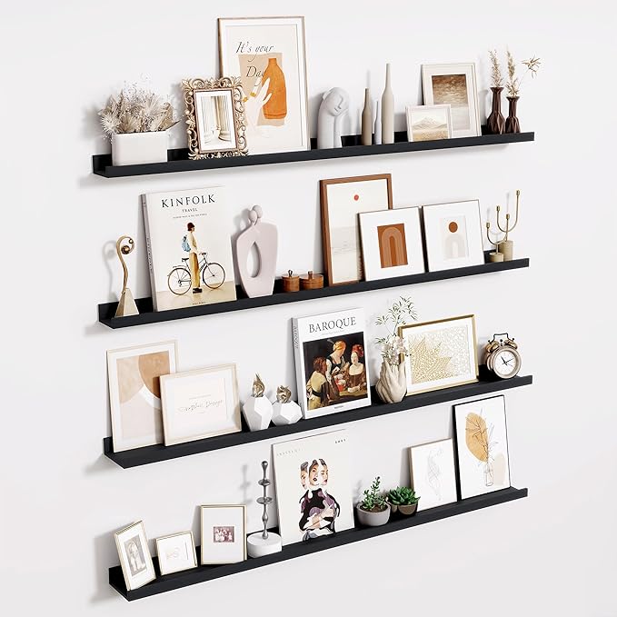 Fun Memories Picture Ledge Shelves Set of 4-48 Inch Shelves with Lip - Large Nursery Bookshelf for Storage - Floating Shelf Wall Mounted for Living Room - Bedroom -Kitchen - Black Color