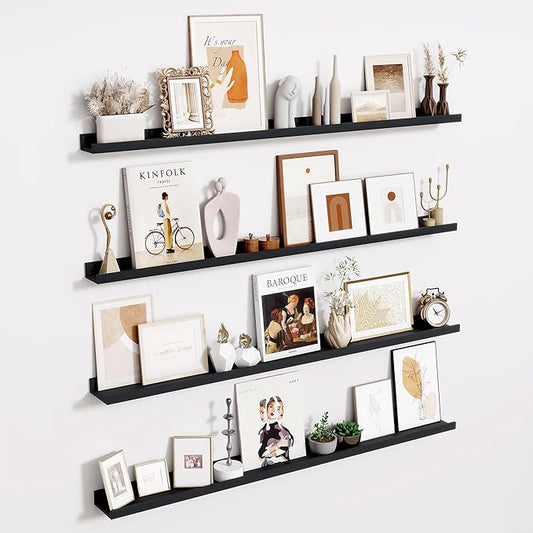 Fun Memories Picture Ledge Shelves Set of 4-48 Inch Shelves with Lip - Large Nursery Bookshelf for Storage - Floating Shelf Wall Mounted for Living Room - Bedroom -Kitchen - Black Color