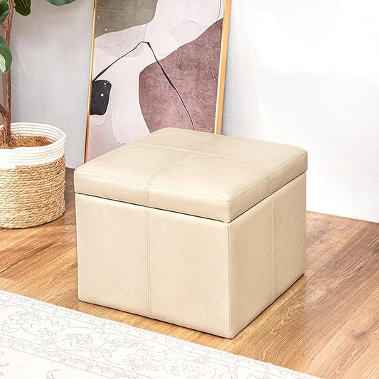 Adeco Modern Faux Leather Cube Storage Ottoman Bench, Warm Beige, Sturdy Footrest with Hidden Storage for Living Room, Bedroom, Entryway - 17.3" Cube, Comfortable Seating