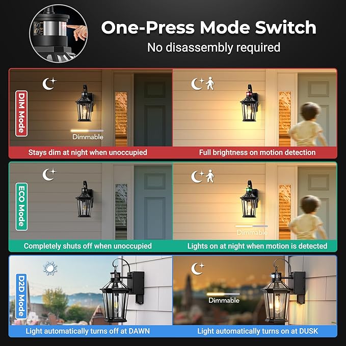 Gleamz Porch Lights Outdoor with GFCI Outlet, Black Motion Sensor Light Wall Mount, 100% Aluminum Anti-Rust Waterproof Outside Light Fixture for House Patio Garage, Adjustable Distance Time, 5 Modes
