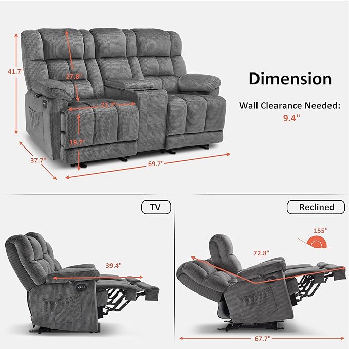 MCombo Zero Gravity Power Loveseat Recliner with Console, Heat and Vibration Massage, Reclining Loveseat Sofa with USB Ports, Cup Holders for Living Room, Fabric RS6234 (Grey)