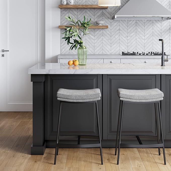 Arlo Modern Backless Upholstered Kitchen Counter Bar Stool with Double-Layered Saddle Seat and Black Metal Base, Grey/Matte Black, Set of 2