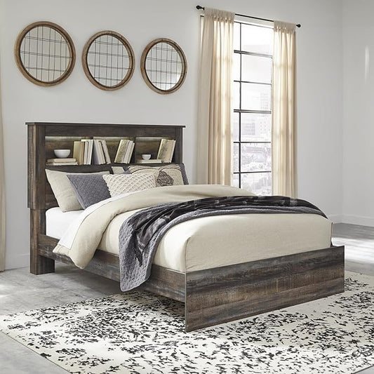 Signature Design by Ashley Drystan Rustic Queen Bookcase Bed with Open Cubbies and LED Lights, Foundation or Box Spring Needed, Dark Brown & Gray