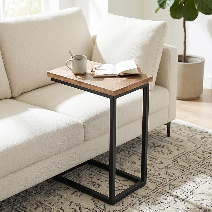 SIMPLIHOME Skyler C-Side Table - 18" Wide x 24" High Solid Mango Wood and Metal Slide-Under Table in Natural, Industrial Accent Table or End Table for Living Room or Bedroom with Open Frame, Assembled