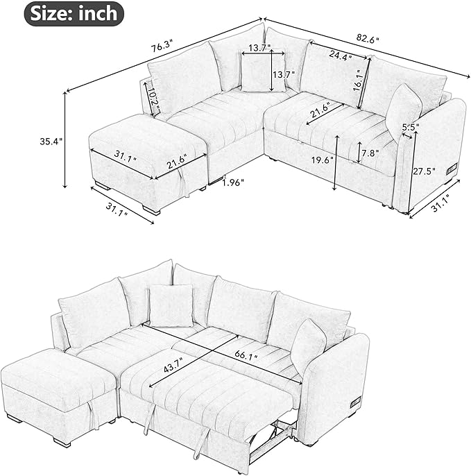 Merax Sofa Bed Sleeper Couch L Shaped Sofa with Storage Ottoman, L-Shape Sectional Couch with 2 USB Ports, 2 Power Sockets for Living Room and Small Apartment (Beige)