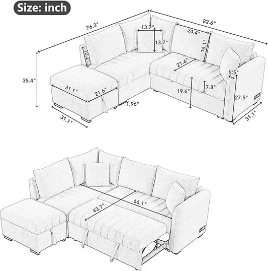Merax Sofa Bed Sleeper Couch L Shaped Sofa with Storage Ottoman, L-Shape Sectional Couch with 2 USB Ports, 2 Power Sockets for Living Room and Small Apartment (Beige)
