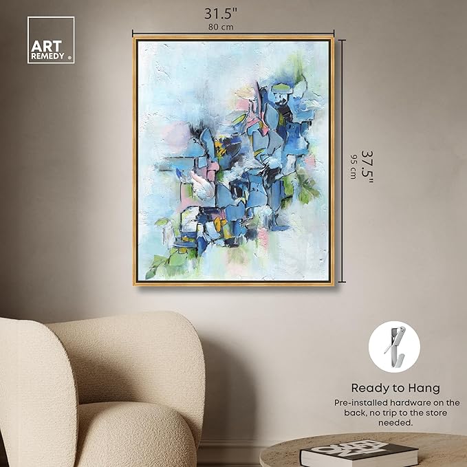 Art Remedy Poesy Canvas Modern Blue Abstract Wall Art, Gold Frame, 30" x 36"