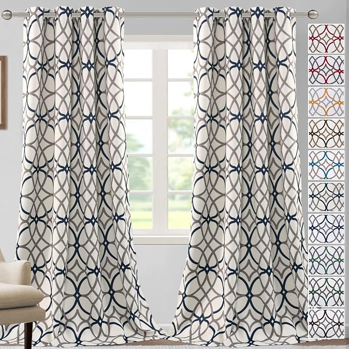 H.VERSAILTEX Blackout Curtains Printed Design 96 Inch Length 2 Panels Set Thermal Insulated Curtains for Bedroom Living Room Geometric Modern Grommet Window Drapes - Grey and Navy