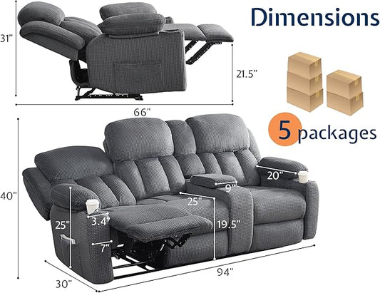 Jocisland Manual Recliner Couch, 3 Seater Reclining with Cup Holders, Console with Charging Socket, Comfy Recliner Sofas for Living Room (Grey)