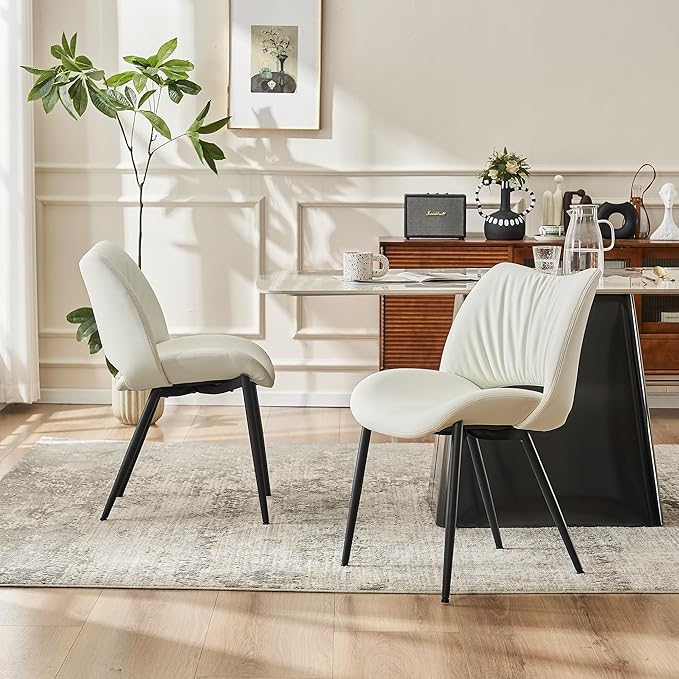 Rowill White Dining Chairs Set of 2, Upholstered Dining Room Chairs with Hollow Back, Faux Leather Kitchen Chairs for Dining, Mid Century Modern Dining Chair with Curved Seat
