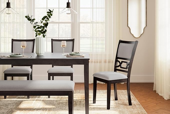 Signature Design by Ashley Langwest Classic Upholstered Dining Table and 4 Chairs and Bench, Set of 6, Dark Brown & Light Gray