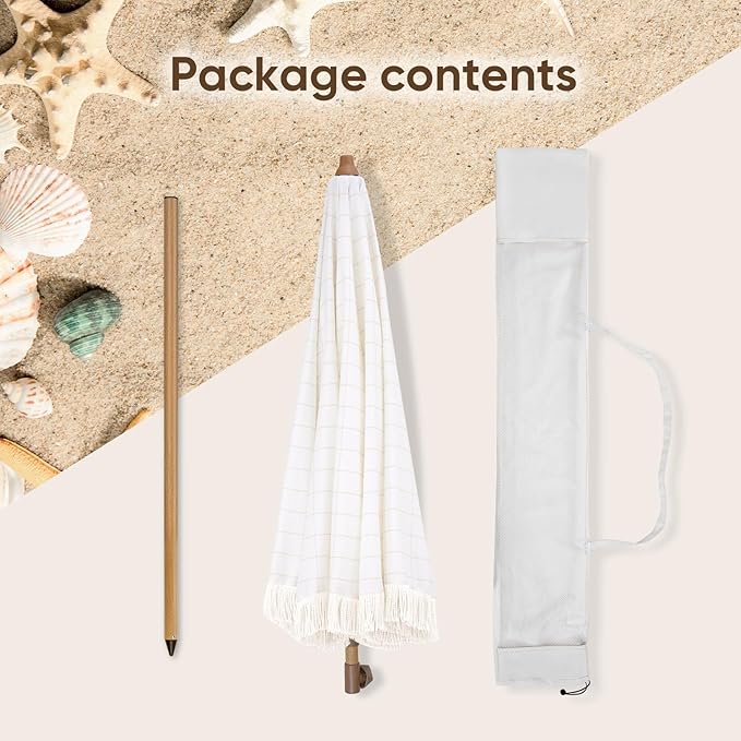 Tempera 7ft Outdoor Patio Umbrella with Carry Bag,Beach Umbrella with Fringe|Vintage Tassel Umbrella with Prime Steel Pole and Ribs Push Button Tilt,Ideal for Garden Lawn,UPF50+,Cream Grid