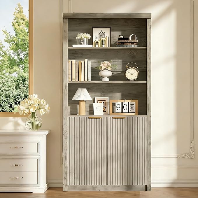 Garvee 71" Tall Bookshelf with Fluted Doors, 5 Tier Bookcase Display Shelves with Storage Cabinet & Adjustable Shelf, Mid-Century Modern Bookshelves for Home Office, Living Room, Grey