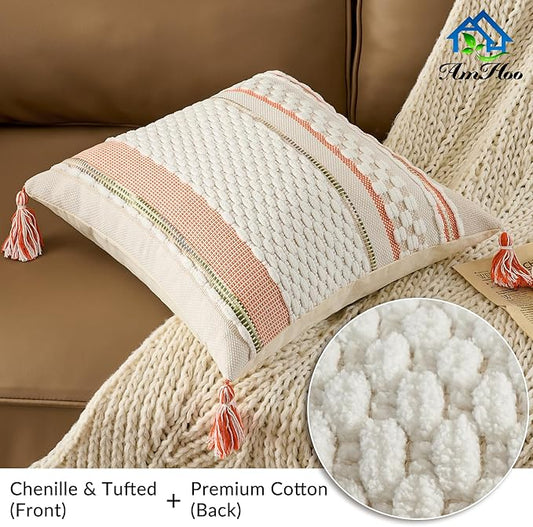 AmHoo Set of 2 Chenille Striped Textured Boho Throw Pillow Covers Aesthetic with Tassels Woven Decorative Pillow Case for Couch Bed Sofa Bedroom Modern Funky 18 x 18-Inch White Orange