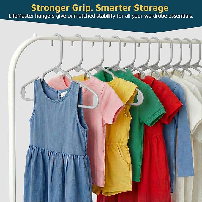 Lifemaster Plastic Kids Clothes Hangers – Children Clothes Hanger with Shoulder Notch, 11.6 Inch Space-Saving Closet Organizer for Baby, Toddler, and Kids Clothing, Hold Up to 5 lbs, Pack of 20, Gray