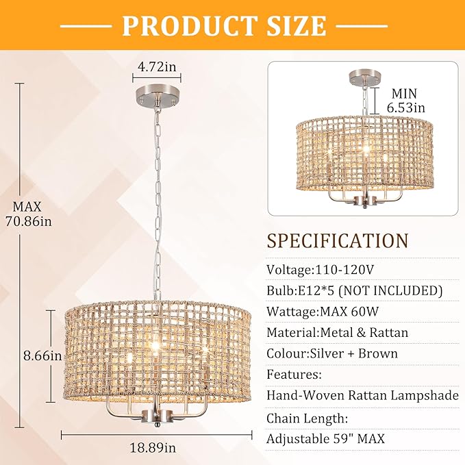 18.9'' Hand Woven Rattan Chandelier, 5-Light Brushed Nickel Chandelier Rattan Pendant Light Fixture, Wicker Farmhouse Chandeliers for Dining Room Bedroom Living Room Foyer