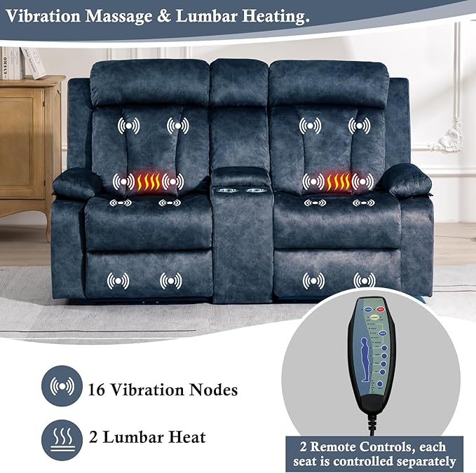GUEAPY Power Reclining Loveseat with Console, Heat & Massage, 2 Seat Reclining Sofa with Cup Holders, USB & Type-C Ports, Plush Dutch Velvet 2 Seat Reclining Couch for Living Room, RV,Office,Apartment