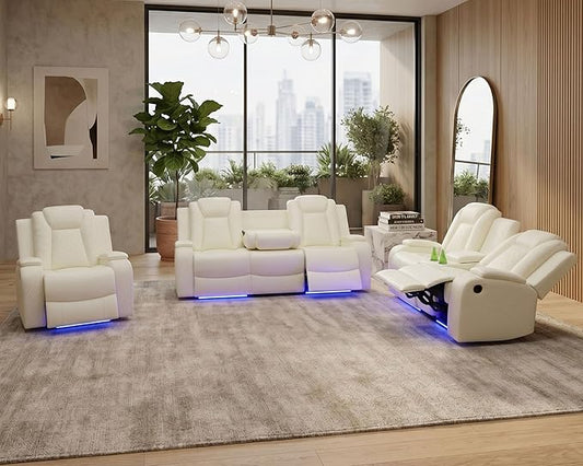 Power Recliner Sofa Set for Living Room, Breathing Leather Reclining Sofa Set with LED/USB Port/Cup Holders/Storage, 3 Piece Living Room Furniture Home Theater Seating Couches (Cream White)