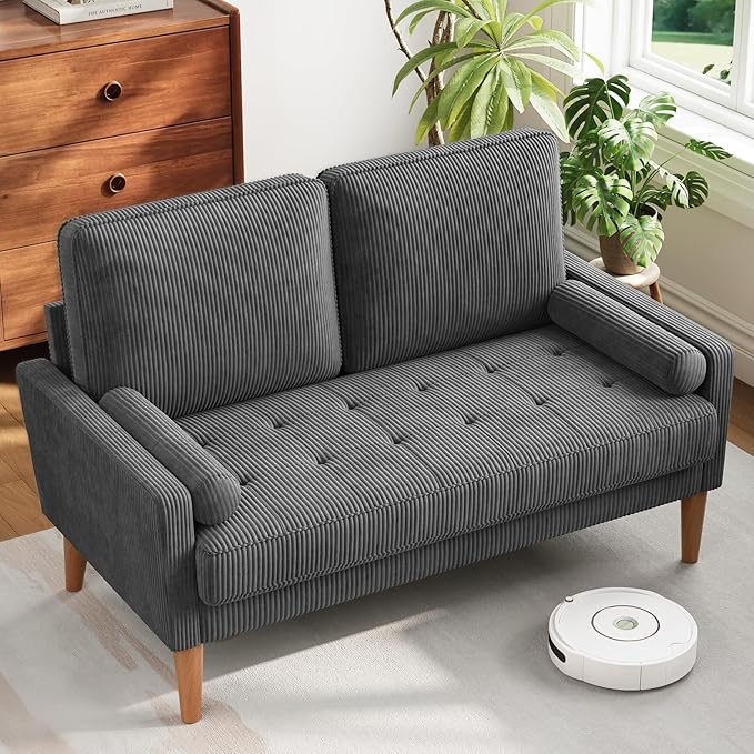 Vesgantti Loveseat Sofa with Solid Wood Legs,48" Small Corduroy Couches for Small Spaces, Mid Century Modern Love Seat for Living Room, Bedroom, Easy Assembly with Throw Pillow, Grey