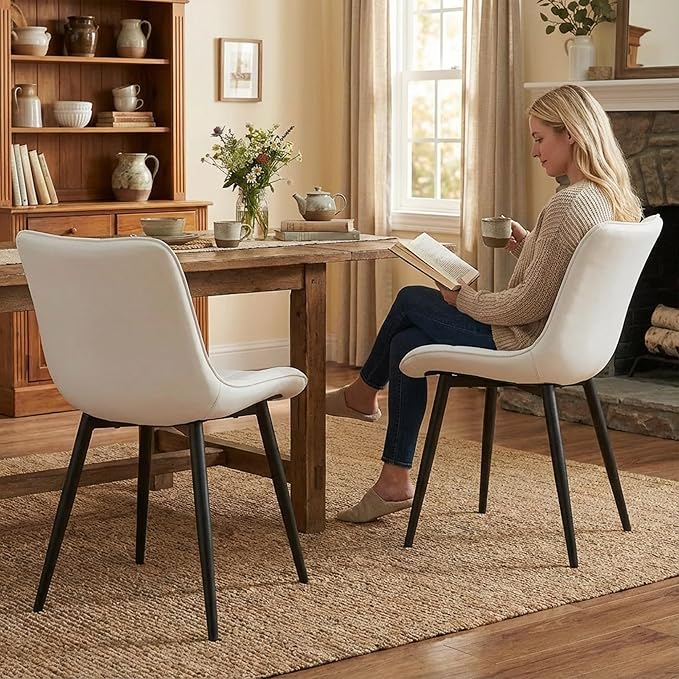 YOUTASTE White Dining Chairs Set of 2, Faux Leather Upholstered Armless Chairs with Back and Black Metal Legs, Mid Century Modern Kitchen Chairs for Living Room, Vanity, or Guest Reception Room