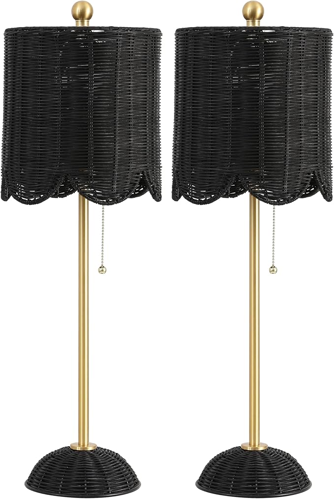 JONATHAN Y 27.5" Black/Brass Gold Coastal Buffet Table Lamp Set of 2 for Bedroom, Boho Table Lamps with Natural Rattan Scalloped Shade, Pull Chain, LED Bulbs Included (JYL1138C-SET2)