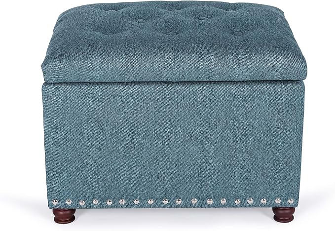 Adeco Rectangular Storage Ottoman Foot Rest Stool, Fabric Button Tufted Storage Ottoman with Hinged Lid (Cyan)