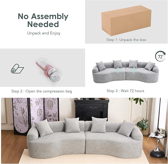 110" Oversized Cloud Sectional Sofa Modern Curved Boneless Couches for Living Room, 4-Seater Extra Deep Seat Foam Floor Compressed Couch w/Tight Backrest and 4 Pillows,Chenille Sofa & Couches | Breathable material, Non-slip, No Assembly Required