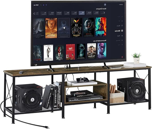 VECELO TV Stand with Power Outlets for 70 Inch Industria Media Entertainment Center with Charging Station, 3-Tier Open Shelves & Metal Frame for Living Room, Bedroom, 63 Inch, Brown