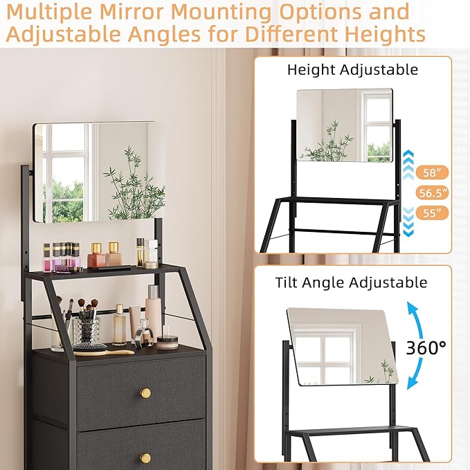 Dresser with Mirror, 4 Drawers Dresser with 2-Tier Shelves, Freestanding Fabric Chest of Drawers for Small Space, Tall Narrow Nightstand Vanity for Bedroom, Hallway, Dorm, Black, 15.3" W