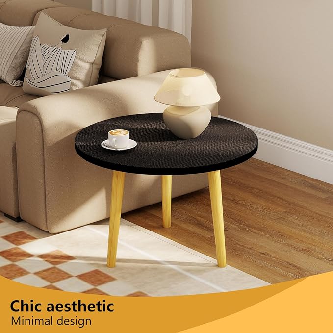 Round Coffee Table Low Table with 3 Solid Wood Sturdy Legs, Floor Table Desk for Sitting on The Floor, Storage and Living Room Furniture (Black)