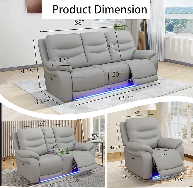 Power Recliner Sofa Set with LED, Air Leather Living Room Furniture Set, 3 Piece Couch Reclinig Furniture Set with USB Port, Cup Holders&Storage for Living Room (Light Grey)