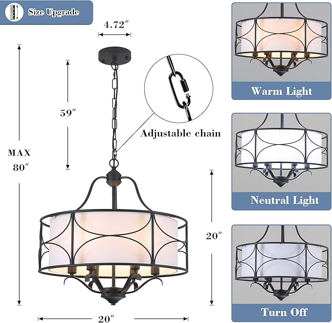 20" Large Black Drum Chandelier - 6 Lights Adjustable Height Modern Farmhouse Pendant Light Fixtures with White Fabric Shade for Kitchen Island Vintage Foyer Entryway Living Room Bedroom