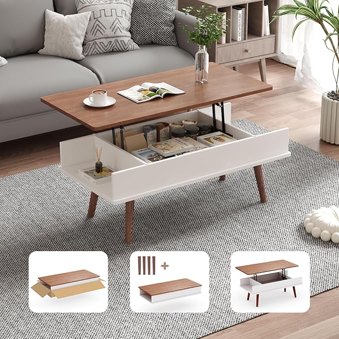 Lift Top Coffee Table, One Minute No Assembly Required Rising Tabletop Center Table with Large Hidden Storage Compartment, Open Shelf, Anti-Pinch Design Mute for Living Room (Walnut)