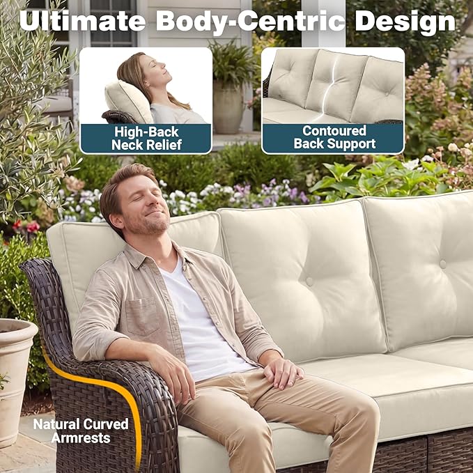 Patio Furniture Set, 12PCS Outdoor Wicker Conversation Set with 6" Thick Cushions, High Back Rattan Sofa & Swivel Rocker Chairs, Weather Resistant Olefin Fabric for Garden, Poolside, Beige