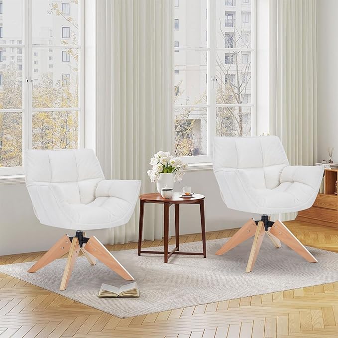 Mid Century Accent Chair, Lambs Wool Vanity Chair Modern Cozy Desk Chair no Wheels with Amrest, Wood Legs for Living Room, Reading Room, Bedroom, White Lambwool