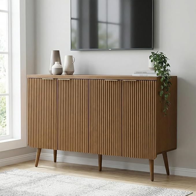 FONTOI 47.2" Wood Fluted Buffet Cabinet with 4 Doors & Storage - Multifunctional Kitchen Sideboard Credenza for Living Room & Entryway, Walnut