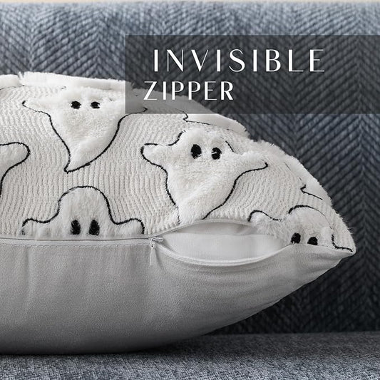 DFXSZ Halloween Pillow Covers 16x16 inch Set of 2 White Black Ghost Throw Pillow Cases Soft Plush Faux Fur Wool Couch Cushion Case for Chair Sofa Bedroom Living Room Home Decor PTK03J16
