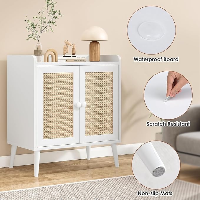 Sideboard Buffet Cabinet with Storage, Rustic Bar Liquor Cabinet with Boho Rattan Decorated Doors, Retro Credenza Console Table for Dining Room Living Room Hallway EntryWay, White