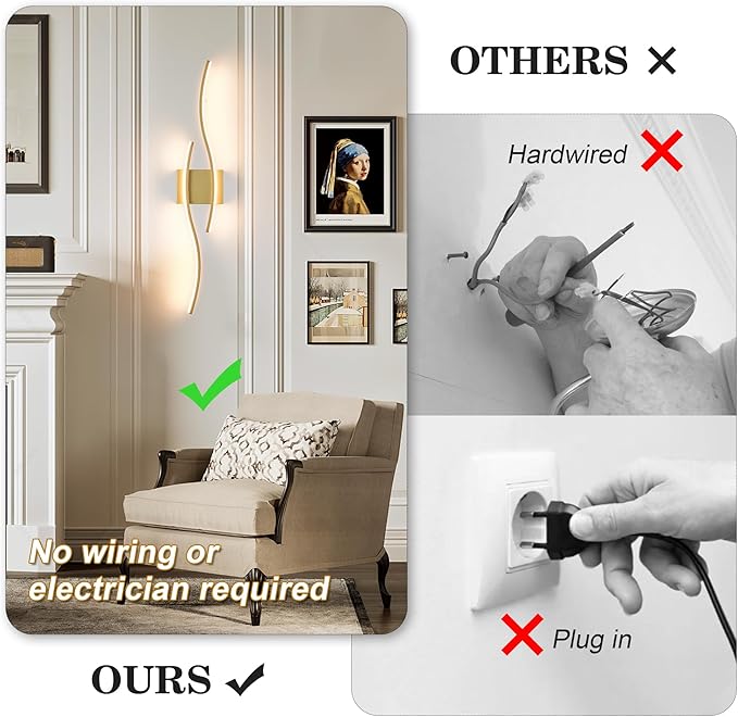 Battery Operated Wall Sconces Set of Two with Remote Control, Dimmable/3 Colors/Night-Light/Timer/Memory, Gold Modern Wireless LED Sconce for Living Room, Hallway, Bedroom, 31.4 Inch (2 Pack)