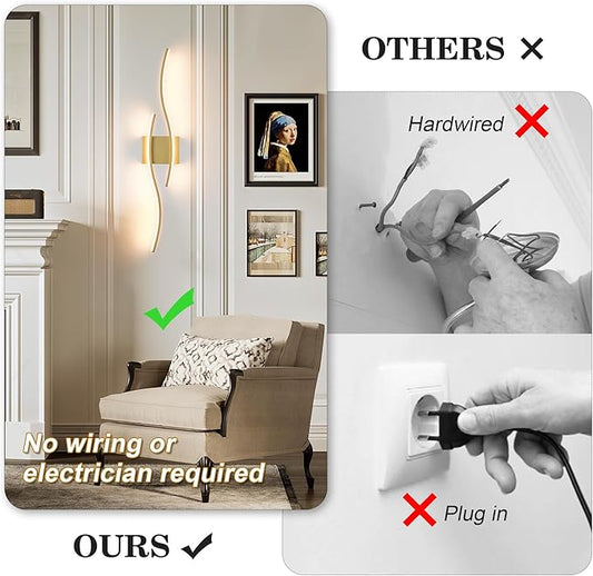 Battery Operated Wall Sconces Set of Two with Remote Control, Dimmable/3 Colors/Night-Light/Timer/Memory, Gold Modern Wireless LED Sconce for Living Room, Hallway, Bedroom, 31.4 Inch (2 Pack)