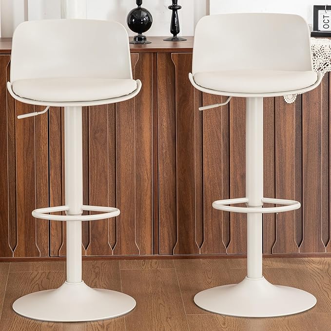 Kidol & Shellder Bar Stools Set of 2 Cream Adjustable Swivel Counter Height Stools, Modern PU Leather Upholstered with Back Solid Color Barstools for Kitchen Island