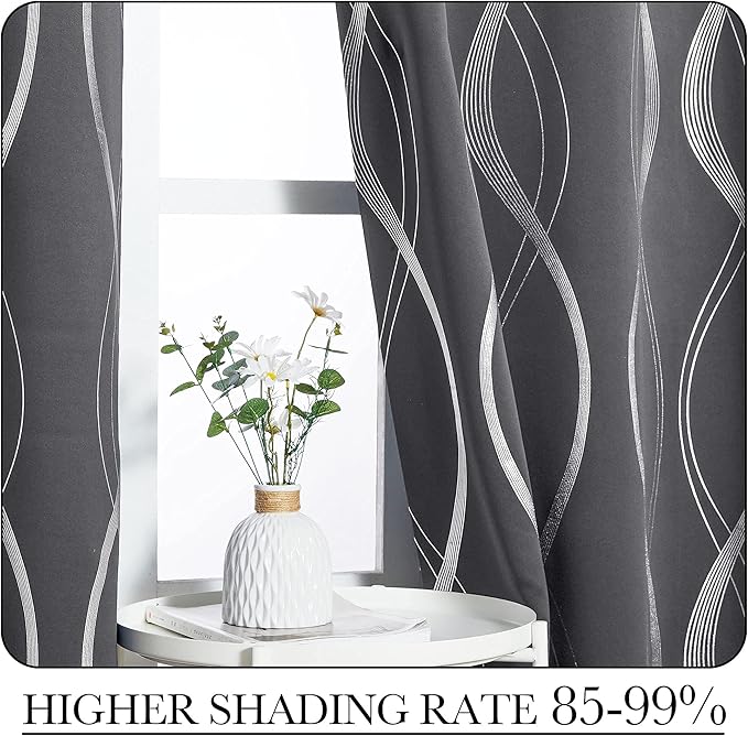 NICETOWN Small Blackout Grey Cafe Curtain Panels for Kitchen, Set of 2, 34 by 54 Inch, Window Treatment Thermal Insulated Solid Grommet Sun Block Wave Line Foil Print Design Drapes for Loft Basement