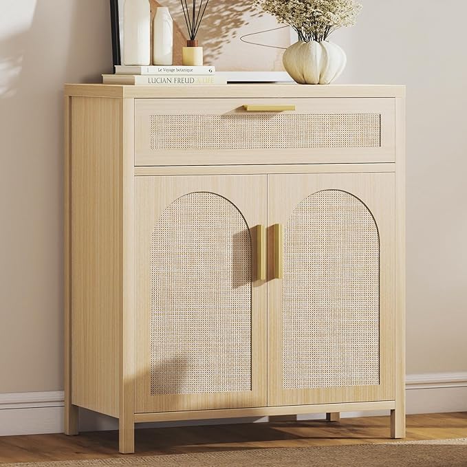 Rattan Sideboard Buffet Cabinet with Storage, Accent Cabinet with Doors and Shelves, Boho Credenza Farmhouse Coffee Bar with Drawers, Kitchen Storage Cabinets for Entryway Living Room,Natural
