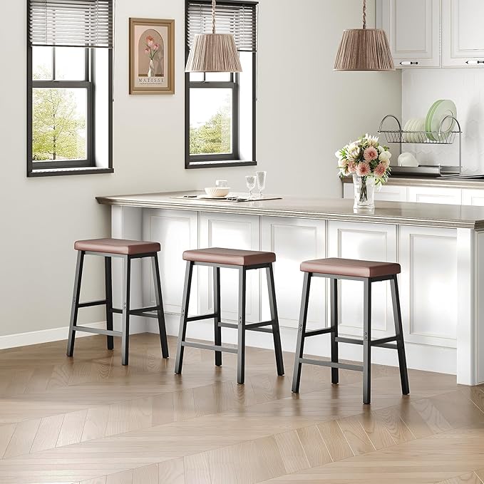HOOBRO Bar Stools, Set of 2 Bar Chairs, Counter Height Bar Stools, 24 Inch Barstools for Kitchen Counter, PU Upholstered Kitchen Stools, for Kitchen, Bar, Dining Room, Brown and Black BC01MD01