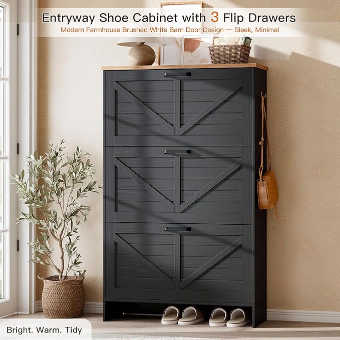 Shaker Barn Door Shoe Cabinet - 3 Flip Drawers & 3-Tier Adjustable Shelves, Ultra Slim Freestanding, Modern Rustic Brushed Black Farmhouse Shoe Rack for Entryway, Hallway, Foyer & Mudroom Black
