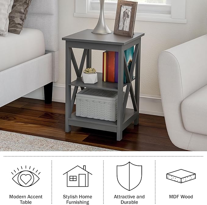 Side Tables with Two Shelves – Set of 2 Contemporary Nightstands with X-Legs – Wooden End Table Pair for Living Room or Bedroom by Lavish Home (Gray)