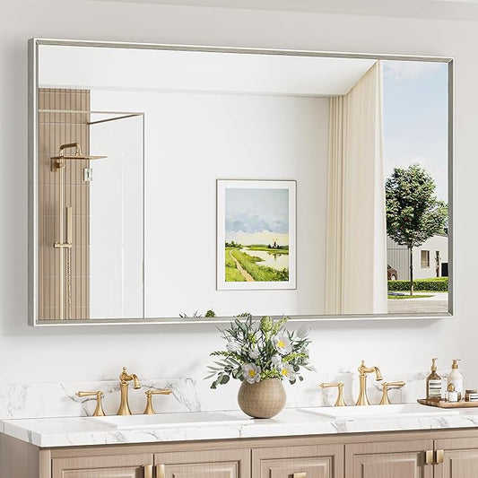 Keonjinn 60 x 36 Inch Brushed Nickel Bathroom Mirrors for Over Sink, Beveled Rectangle Framed Mirrors for Wall, Farmhouse Large Bathroom Vanity Mirror, Tempered Glass, Square Corner