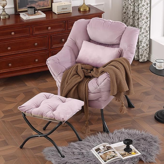 Lazy Chair with Ottoman, Modern Accent Chair with Lumbar Pillow, Velvet Light Purple Sofa, Armchairs with Folding Footrest, Oversized Supportive Chairs for Bedroom, Reading