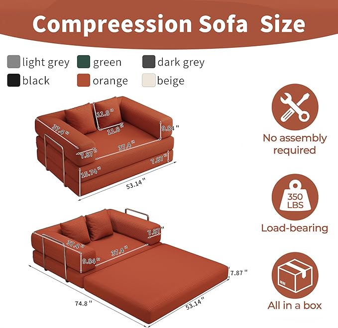 BSHOMGI Folding Sofa Bed, 4 in 1 Convertible Sofas to Lounger Comfy Single Bean Bag Chair Floor Portable Foldable Sleeper Lazy Futon Couch Chair for Bedroom, Living Room (Orange, 53.15" Double Sofa)